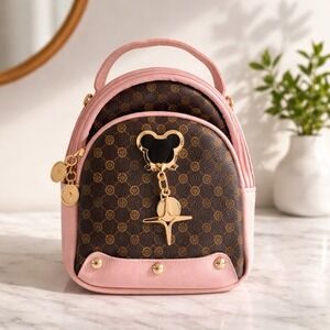 Mini Backpack Brown Monogram Pink Trim Mouse Charm Gold Hardware Small Bag
